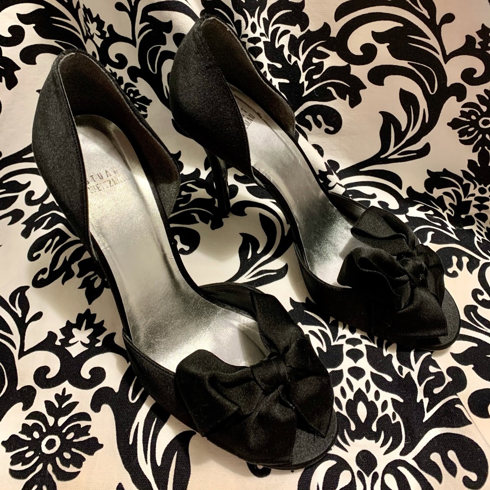 Stuart Weitzman formal black satin peep toe stiletto shoes size 10